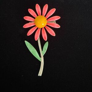 Vintage Enamel Flower Brooch Pink Daisy Yellow Center Silver Tone Pin